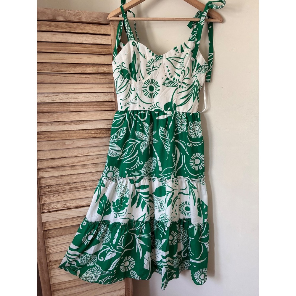 Francescas Green White Tropical Floral Tiered Midi Dress Smocked Back Medium NWT